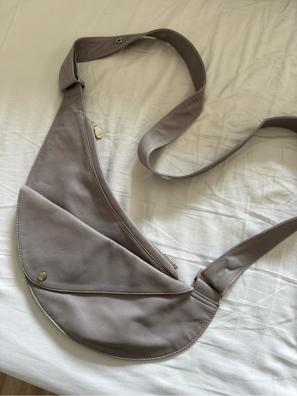 Never Used, Grey Leather Half Sash Bag With Flap; Sits on Left Hip